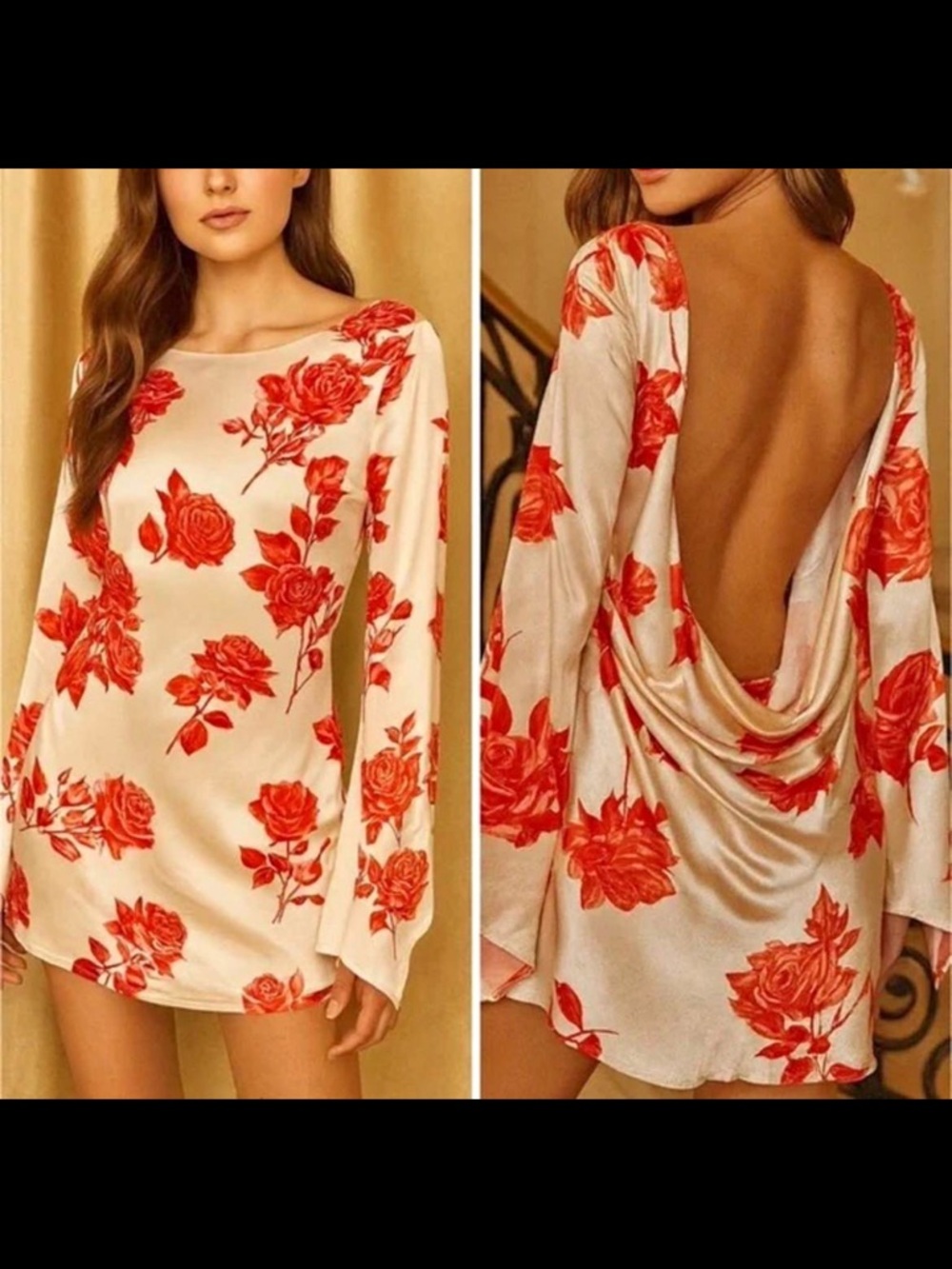 Meshki Cream Mini Dress with Red Rose Print and Open Back